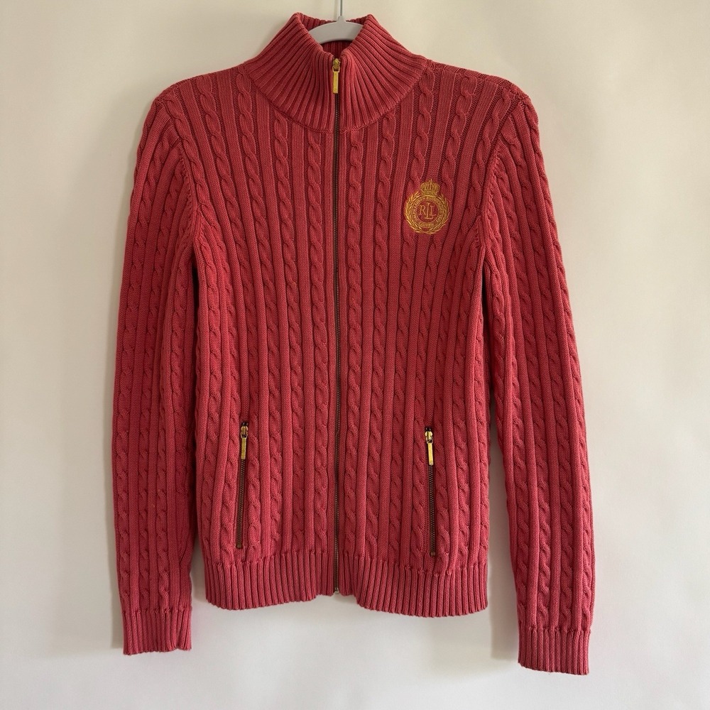 Lauren Ralph Lauren Cable Knit Full Zip Cardigan M Embroidered Crest Pink Preppy